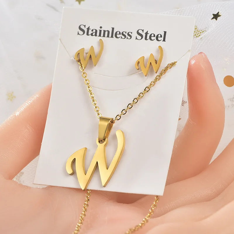 Fashion 18k Gold Plated Stainless Steel Jewelry Set with Letters