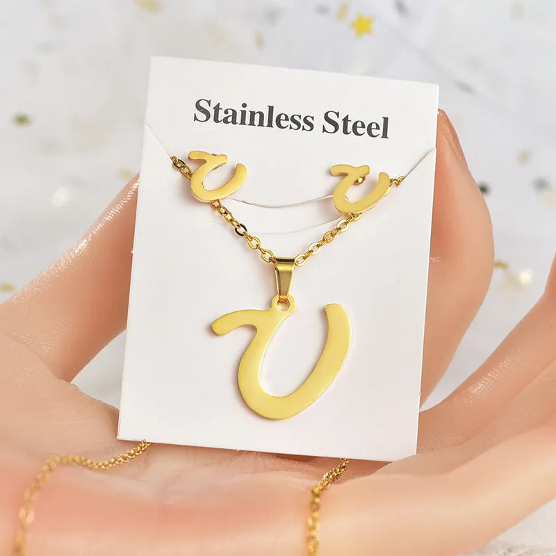 Fashion 18k Gold Plated Stainless Steel Jewelry Set with Letters