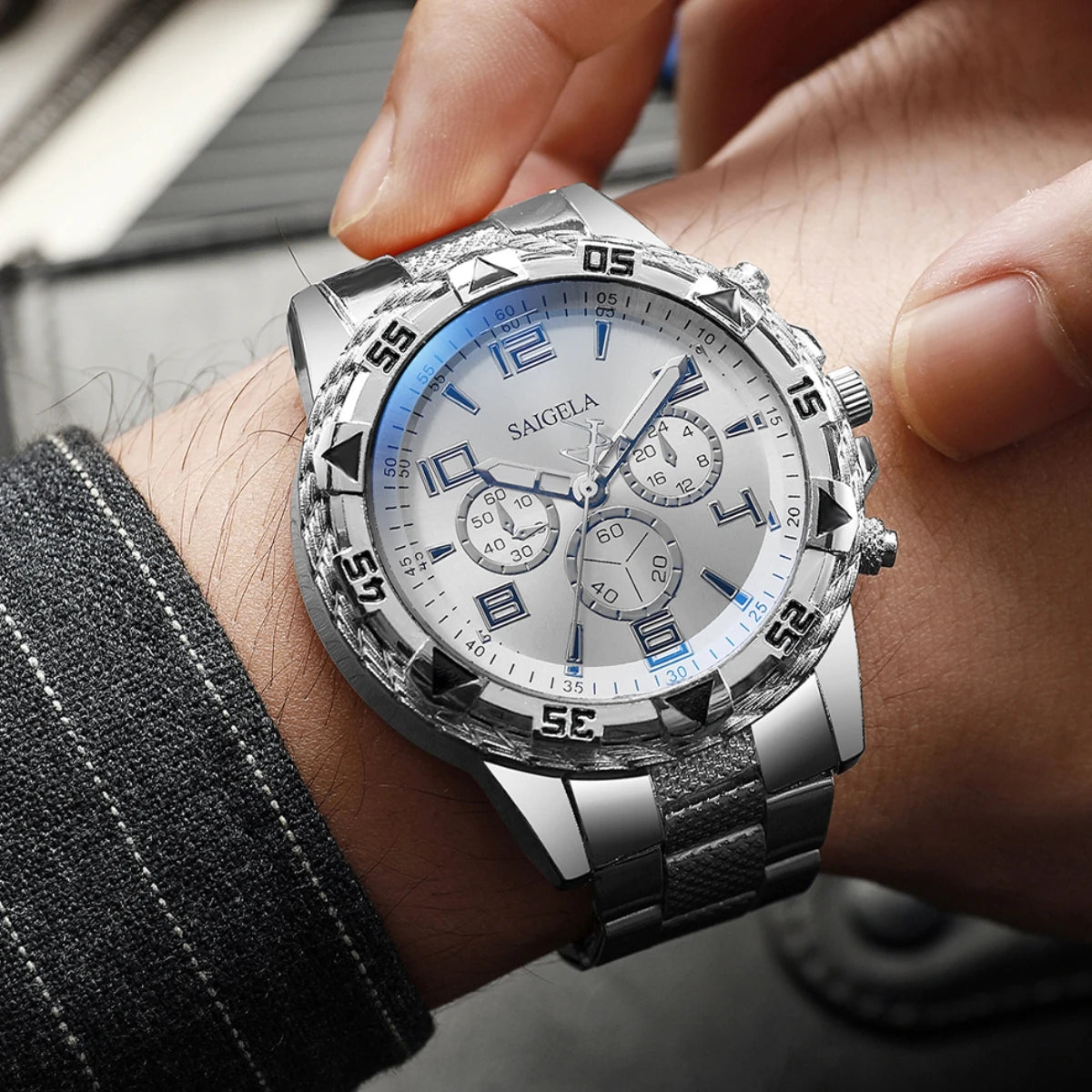 Men's Watches Fashion Arabic Dial Steel Band Quartz Watch Set (Without Box）