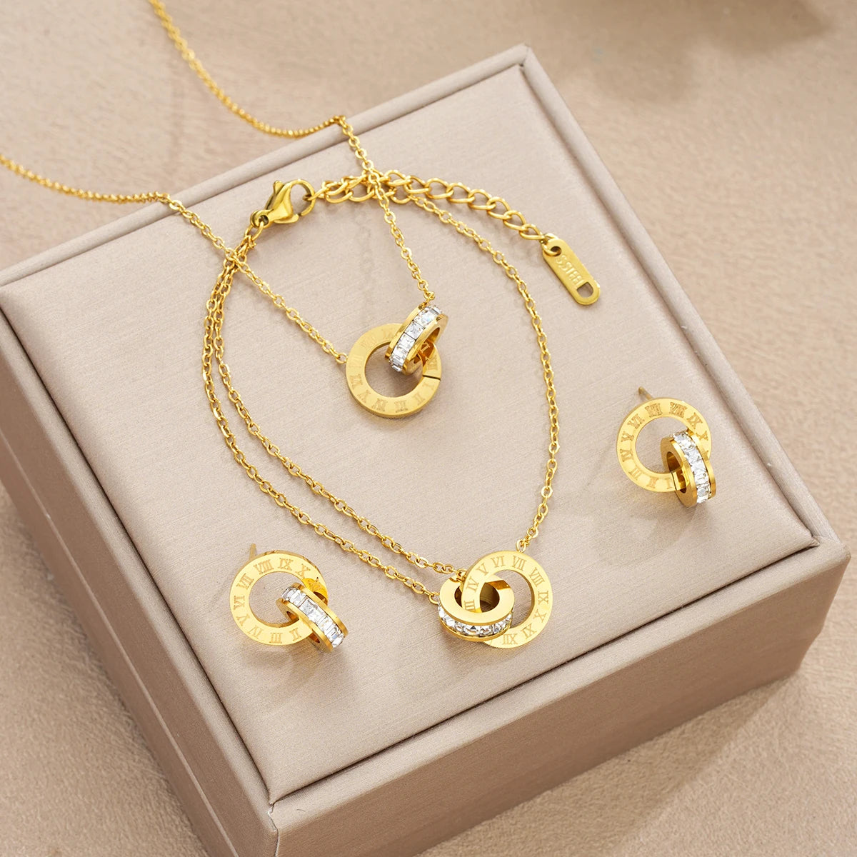Stainless Steel Inspired Crystal Necklace Set Interlocking Circles