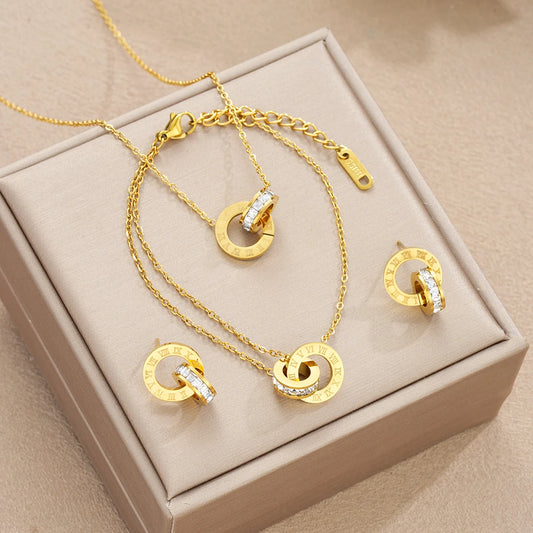 Stainless Steel Inspired Crystal Necklace Set Interlocking Circles