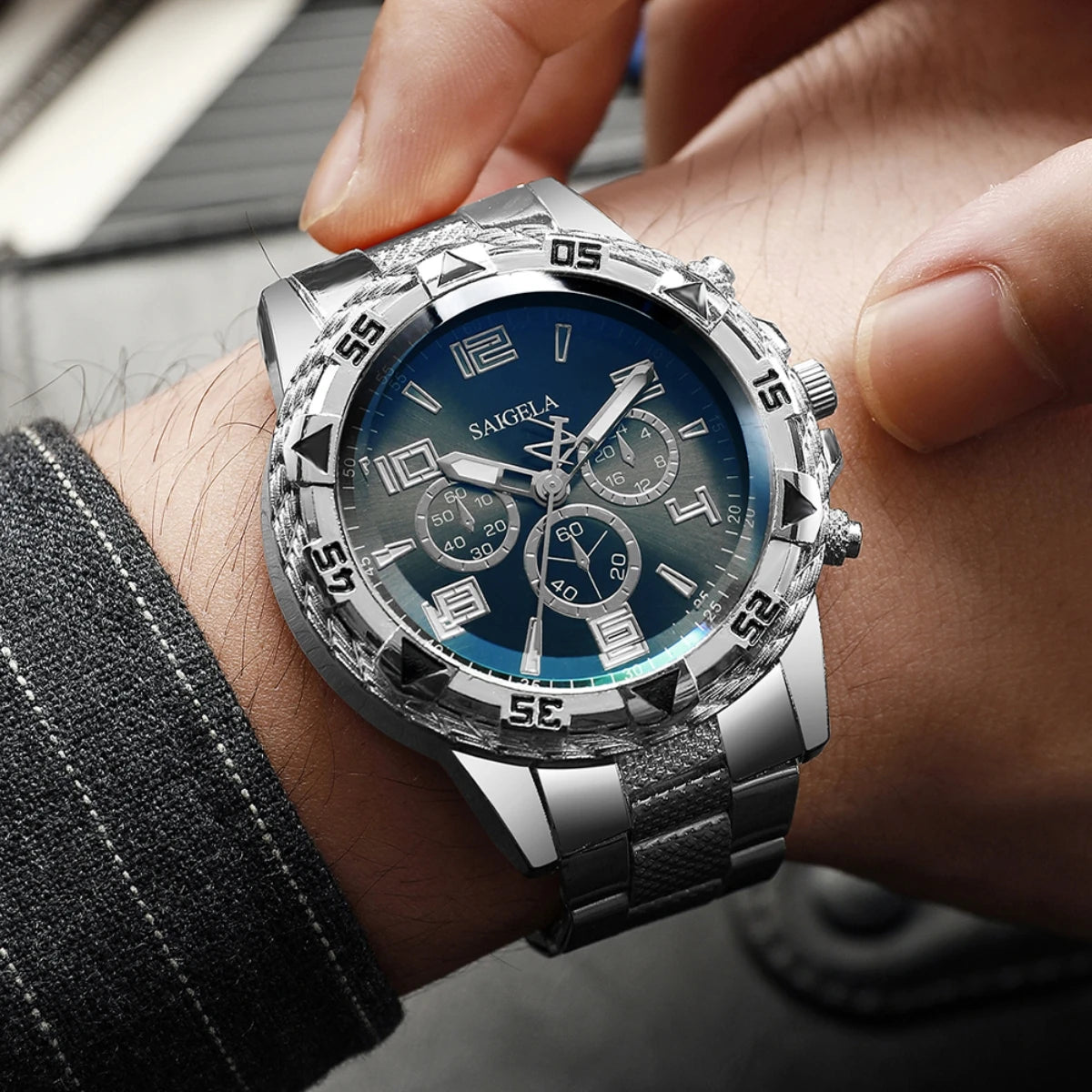 Men's Watches Fashion Arabic Dial Steel Band Quartz Watch Set (Without Box）