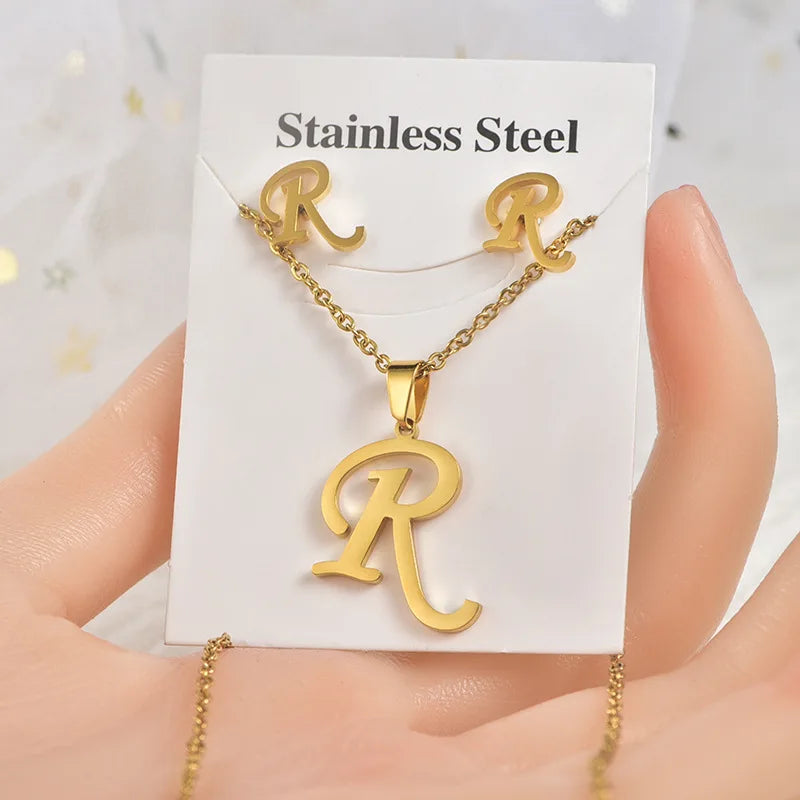Fashion 18k Gold Plated Stainless Steel Jewelry Set with Letters