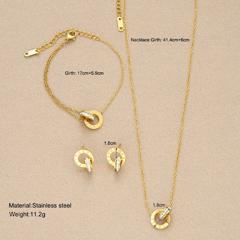Stainless Steel Inspired Crystal Necklace Set Interlocking Circles