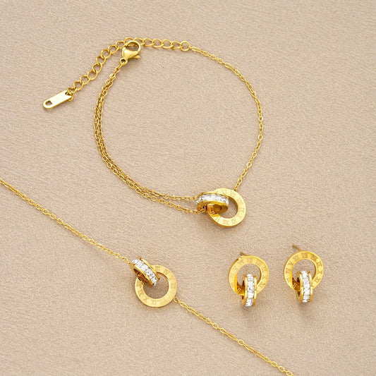 Stainless Steel Inspired Crystal Necklace Set Interlocking Circles