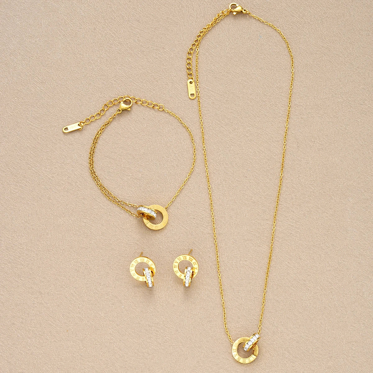 Stainless Steel Inspired Crystal Necklace Set Interlocking Circles