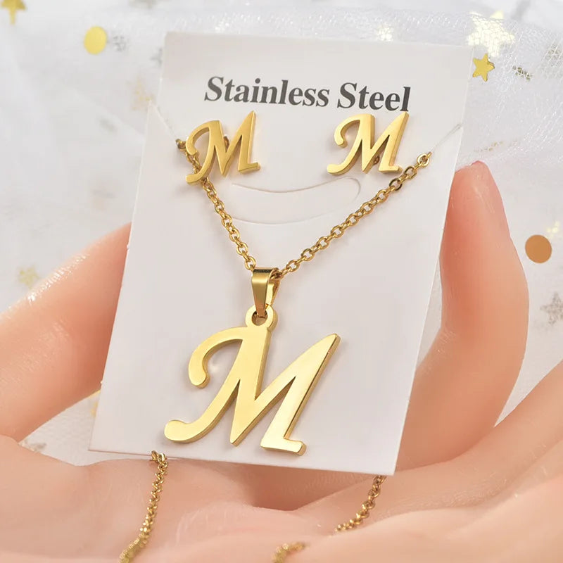 Fashion 18k Gold Plated Stainless Steel Jewelry Set with Letters