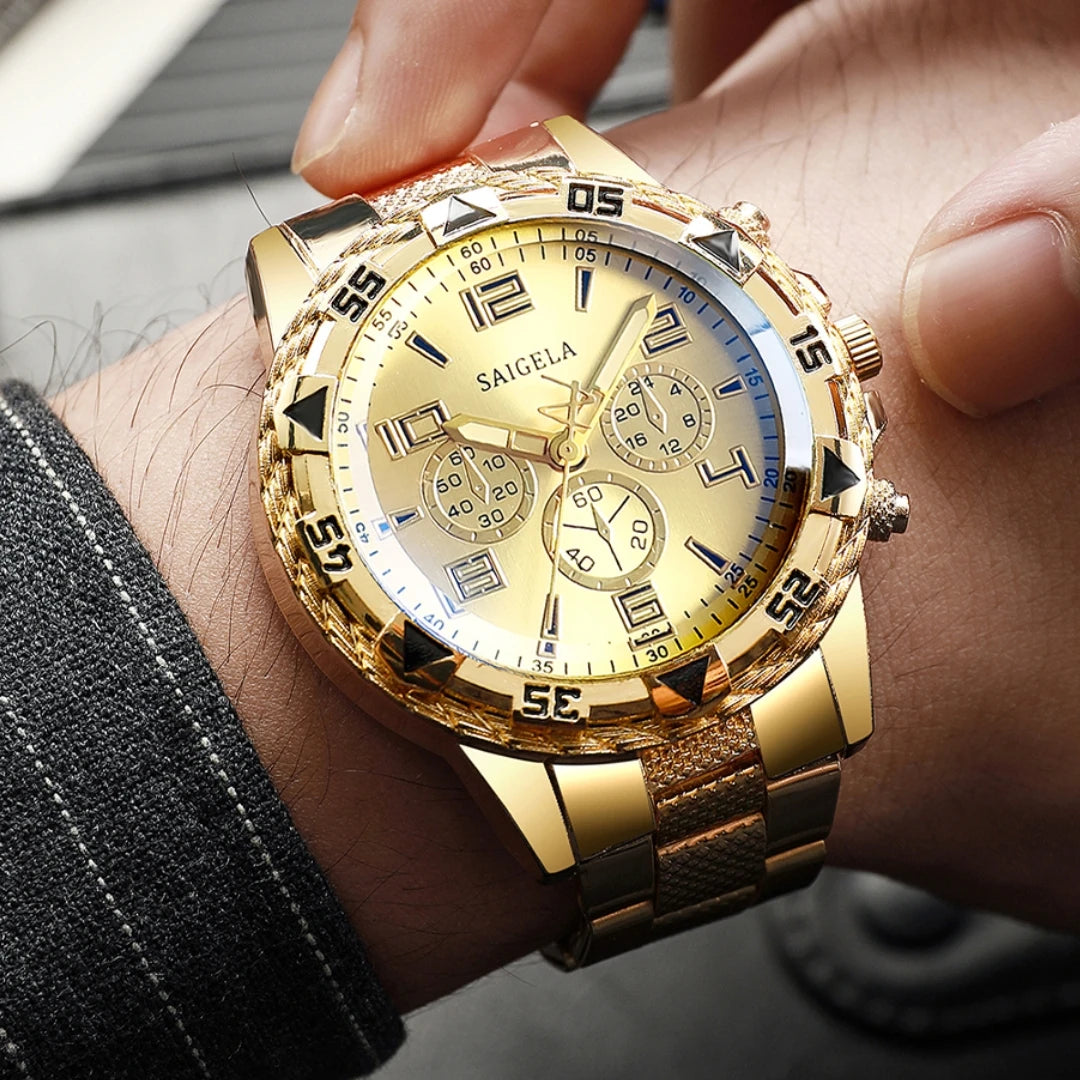 Men's Watches Fashion Arabic Dial Steel Band Quartz Watch Set (Without Box）
