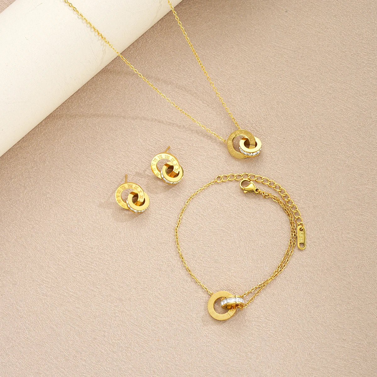 Stainless Steel Inspired Crystal Necklace Set Interlocking Circles