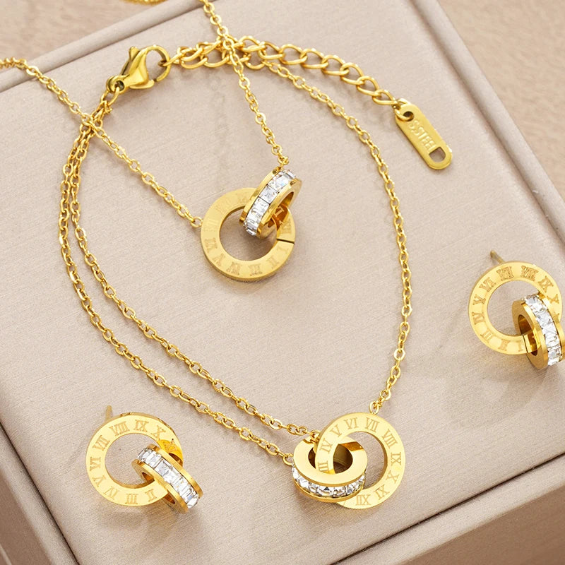 Stainless Steel Inspired Crystal Necklace Set Interlocking Circles