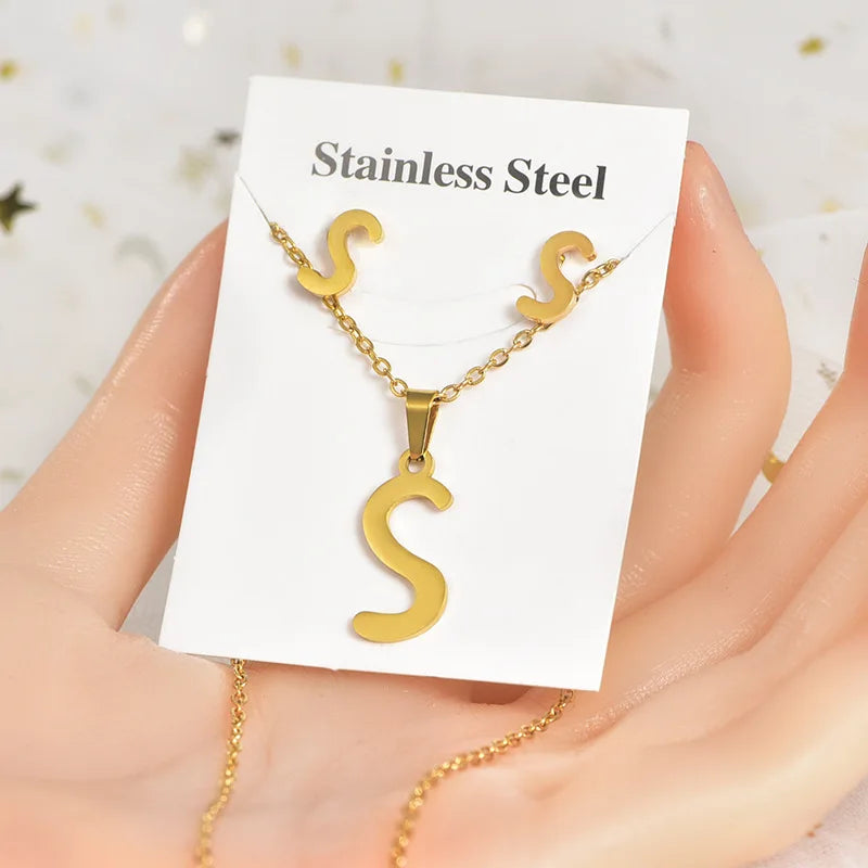 Fashion 18k Gold Plated Stainless Steel Jewelry Set with Letters